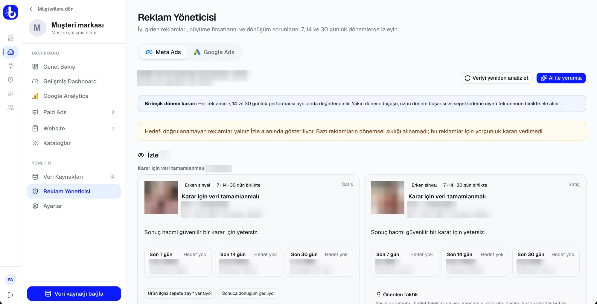 BossyAnalytics raporlama paneli: Reklam Yöneticisi, 7-14-30 günlük karar desteği